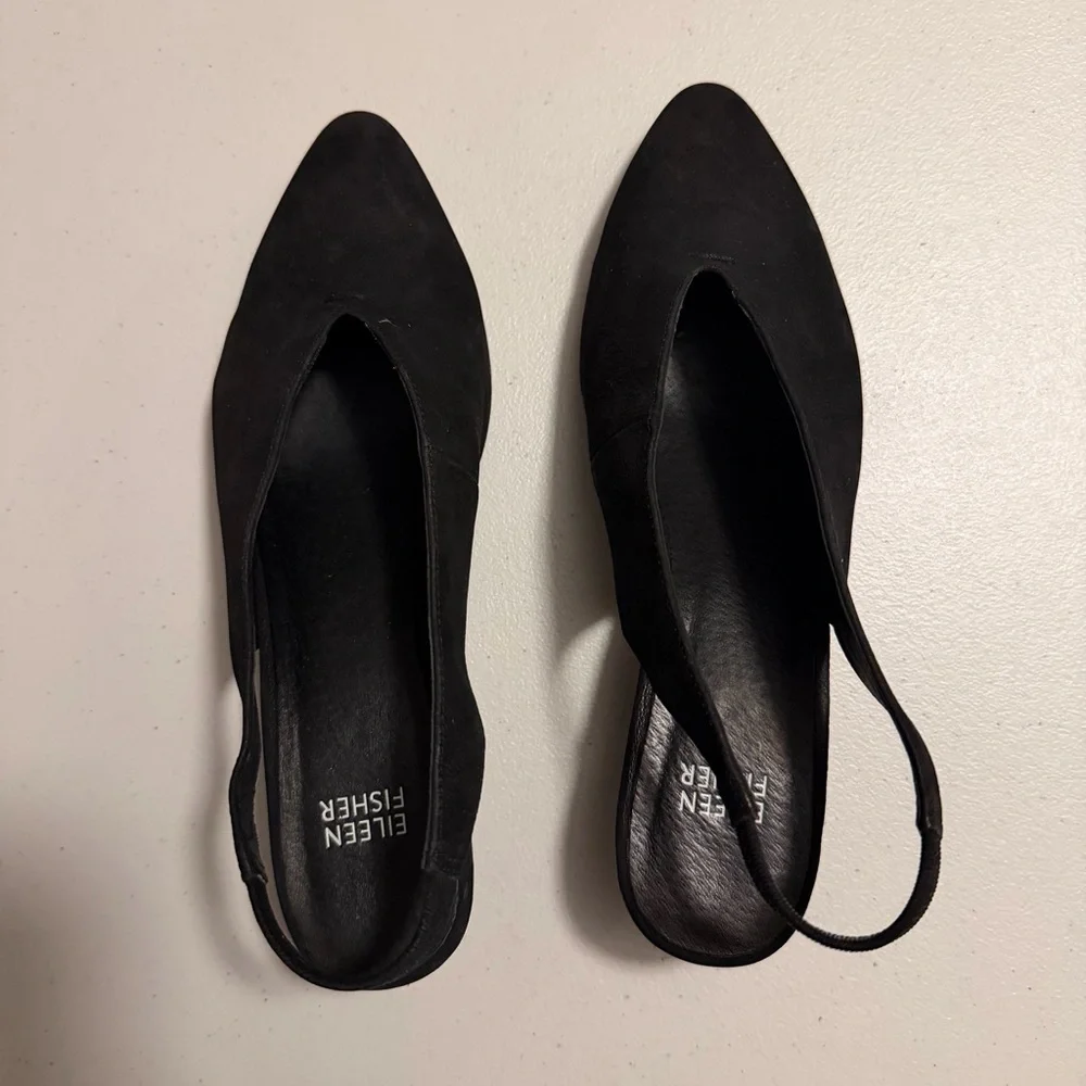 Eileen Fisher Gatwick Suede Slingback Wedge Sandals Shoes Pointed Toe Black 8